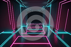 empty futuristic room illuminated by neon tube light - generative AI