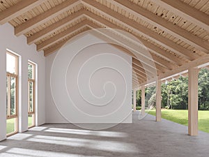 Empty gable roof room with garden view 3d render photo