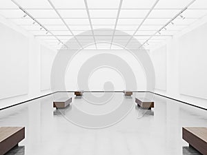 Empty gallery interior with white canvas. 3d