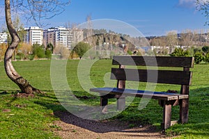 Empty garden bench on Parque da Devesa Urban Park in Vila Nova de Famalicao photo