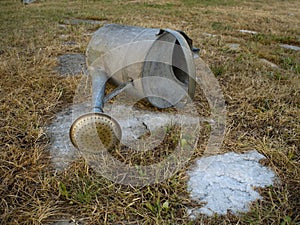 Empty garden can and parched grass during dry season.