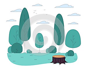 Empty glade with tree stump in wood line cartoon flat illustration