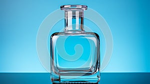 an empty glass bottle on a blue background