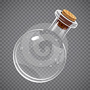 Empty glass bottle. Elixir, potion or chemistry concept. Full transparent.