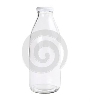 Empty glass bottle isolated on a white background. Clear bottle. Front view
