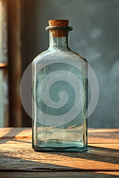 An empty glass bottle is on the table