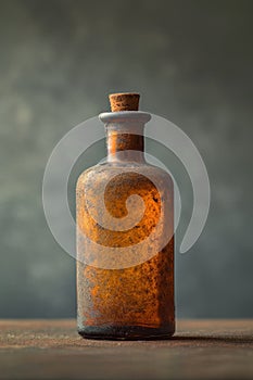 An empty glass bottle is on the table