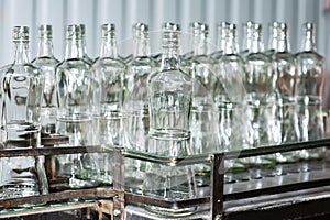 Empty glass bottles on the conveyor. Factory for bottling alcoholic beverages. Production and bottling of alcoholic