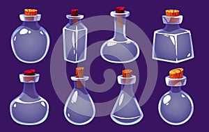 Empty glass bottles with stoppers for magical elixirs. Game ui isolated elements, interface objects. Different forms photo