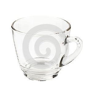 Empty glass cup of tea or coffee with handle isolated on white b