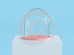 Empty glass dome with pastel pink tray on white podium with pastel blue background. Kids theme. 3D rendering. photo