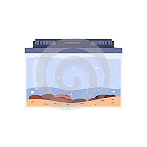Empty glass home aquarium with sand, pebbles, vector square fish tank, reservoir with clean water for fish