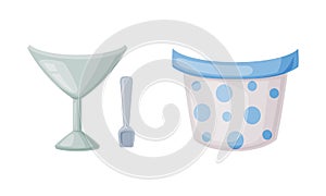 Empty Glass Ice Cream Bowl and Cup as Container for Dessert Vector Set