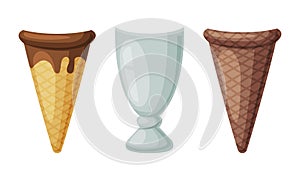 Empty Glass Ice Cream Cup and Waffle Cone as Container for Dessert Vector Set