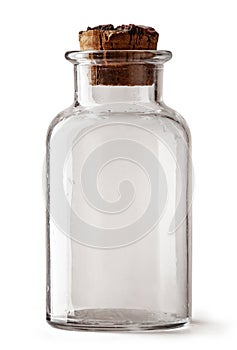 Empty glass jar with brown corke isolated on white background with clipping path