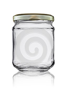 Empty glass jar closed by a metal cover with reflection, isolated on a white background