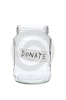 Empty glass jar for donations isolated on white background