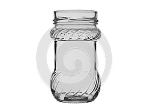 The empty glass jar for foodstuff and canned food without cover isolated on a white background