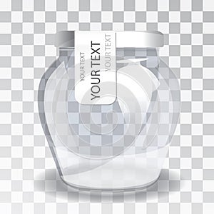 Empty glass jar with a label on a transparent background. The new packaging design.