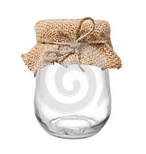 Empty glass jar with sacking and rope