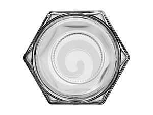 The empty glass jar of a six-sided form ridge with sides the top view on a white background