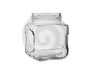 Empty glass jar of square shape. Isolated on a white background