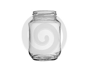 Empty glass jar with a thread for foodstuff isolated on a white background