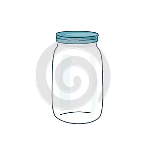 Empty glass jar vector illustration with lid. Cap close blank mason bottle. Simple flat cartoon background