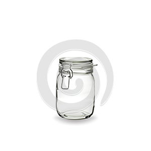 The empty Glass jar is on white background