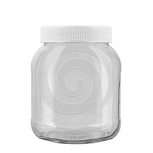 Empty glass jar with white plastic lid isolated on white background. File contains clipping path