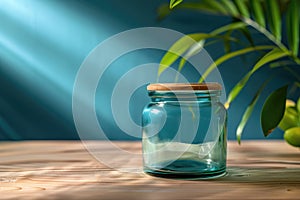 Empty Glass Jar with Wooden Lid on a Wooden Table against Blue Background