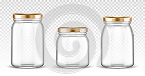 Empty glass jars different shapes with gold lids