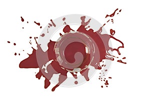 Empty glass over a spilled red wine stain on white background