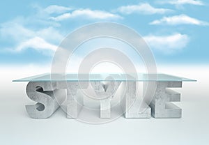 Empty glass table with a base made of concrete STYLE against the sky background. Business concept