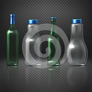 Empty glass vector bottles for alcoholic and nonalcoholic beverages, beer, wine, vodka, juice