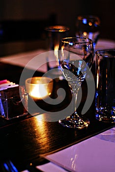 Empty glass of wine in chic restaurant dining room photo