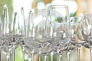 Empty glasses against blurred background, closeup