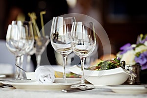 Empty glasses set in restaurant