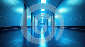 Empty, glowing blue hallway