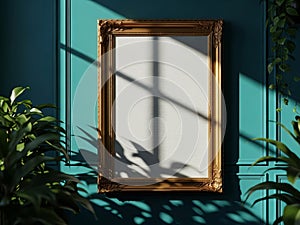 Empty gold-framed mirror on blue wall