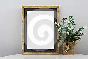 Empty Golden Frame On Wooden Shelf White Blank Advertisement Banner Mock Up Isolated Template