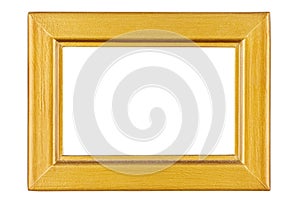Empty golden painted wooden frame for photo or painting isolated on white background