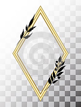 Empty golden picture frame on the wall mock up. Realistic rhombus gold frame with decorative abstract floral elements