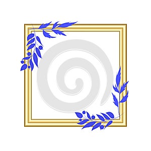 Empty golden picture frame on the wall mock up. Realistic square gold frame with decorative abstract floral elements