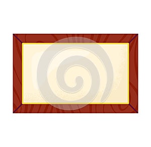 Empty golden plaque mounted wooden surface. Golden nameplate copy space text against wood grain