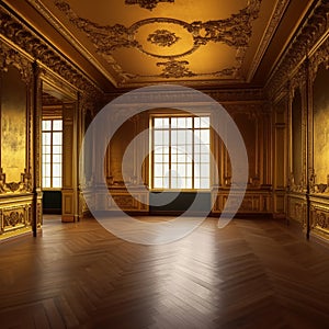 Empty golden room, room with golden walls, floor and ceiling without furniture,