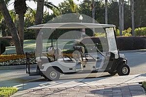 Empty golf cart sitting on a macadam path by a