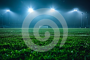 Empty grass field and illuminated outdoor soccer stadium - AI Generated