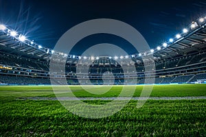 Empty grass field and illuminated outdoor soccer stadium - AI Generated