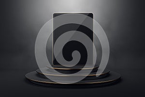 Empty gray background with round stairs pedestal and mock up place for tablet. Ad concept.